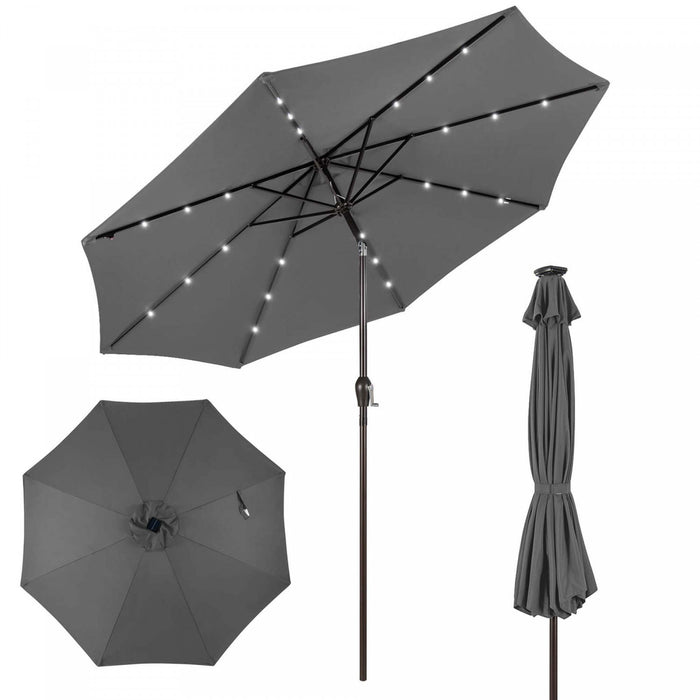 Parasol solaire Costway 10 pieds avec LED, parasol de marche inclinable en acier avec manivelle, exterieur gris