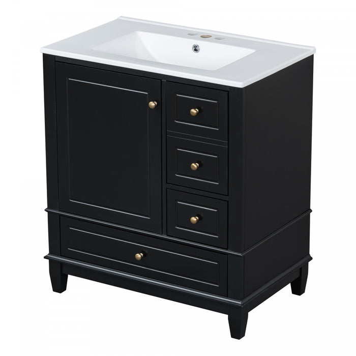 Emma Meuble-lavabo en bois massif de 30\" avec vasque en ceramique et porte a fermeture douce, Noir