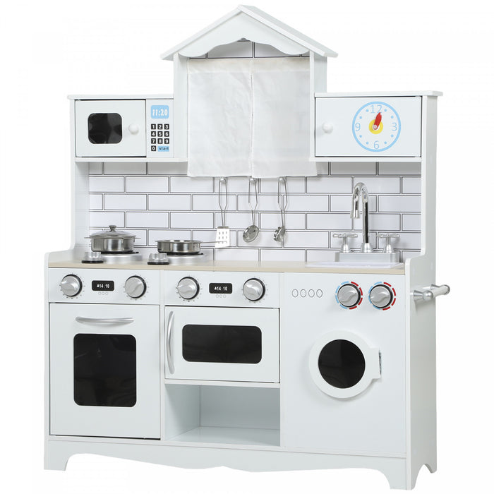 Cuisine enfant Qaba, cuisine enfant avec sons et lumieres realistes, evier, cuisiniere, horloge, batterie de cuisine, accessoires, ensemble de nourriture pour enfants de 3 a 6 ans, blanc