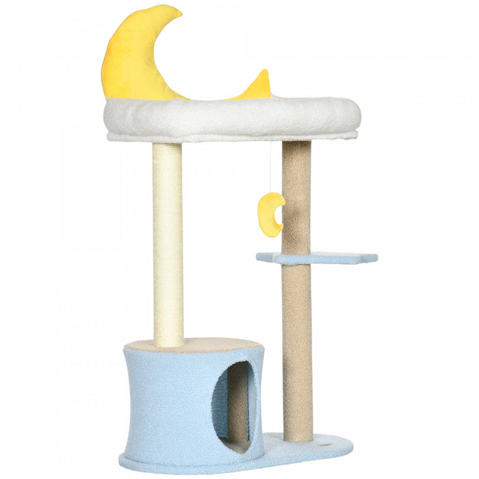 Pawhut 41\" Arbre A Chat Pour Chats D'interieur Avec Maison Et Lit En Peluche Polaire, Tour Pour Chaton Avec Griffoir, Jouet Suspendu En Forme De Lune, Plate-forme Etoile, Bleu