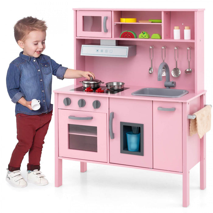 Costway Kids Kitchen Playset En Bois Pretendre Jouer Chef Jouet Avec Micro-ondes Et Accessoires Rose