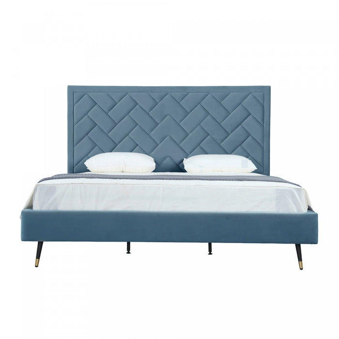 Lit king moderne Crosby en velours bleu capitonne