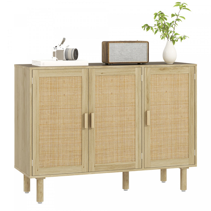 HOMCOM Buffet Boheme avec 3 portes en rotin et etageres, Chene