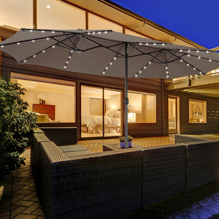 Costway Parasol double face jumeau 15FT pour patio avec 48 LED solaires a manivelle Cafe