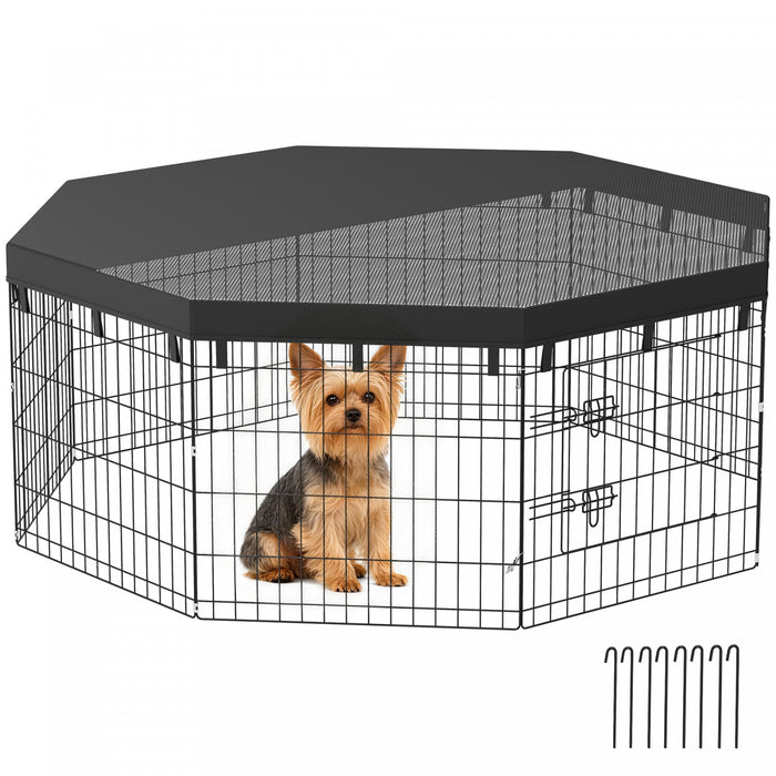 PawHut Parc pour chien, 8 panneaux pliables avec couverture superieure anti-soleil et 8 piquets de sol, 24\"H, enclos interieur et exterieur pour petits et mini chiens et animaux