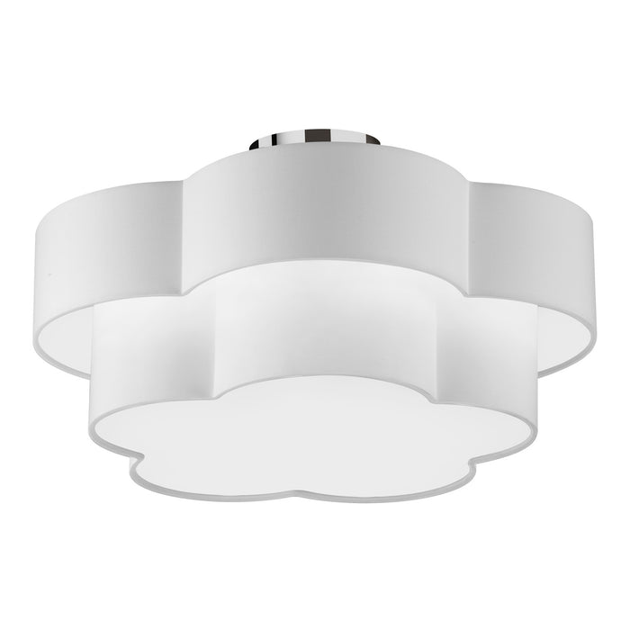Grand plafonnier affleuré Phlox de Dainolite avec abat-jour blanc, fini chromé poli et 3 ampoules
