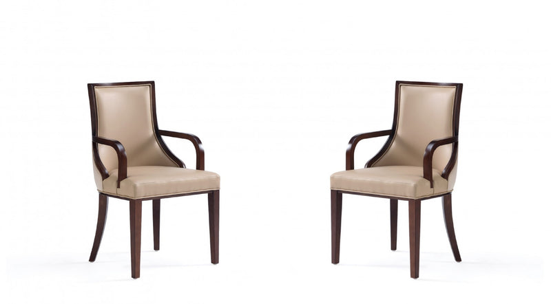 Grand fauteuil traditionnel en bois avec accoudoirs, revetement tissu, coloris beige - Lot de 2