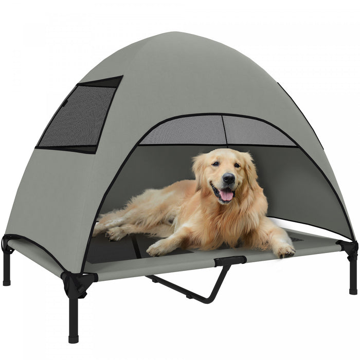 PawHut Lit sureleve pour chien d'exterieur avec auvent, lit pour animaux de compagnie avec maille lavable, cadre en acier, ideal pour camping et jardin, 106 x 76 x 99 cm, Gris clair