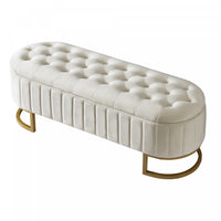 Banc de rangement elegant Amelia en velours capitonne avec pieds en metal, beige