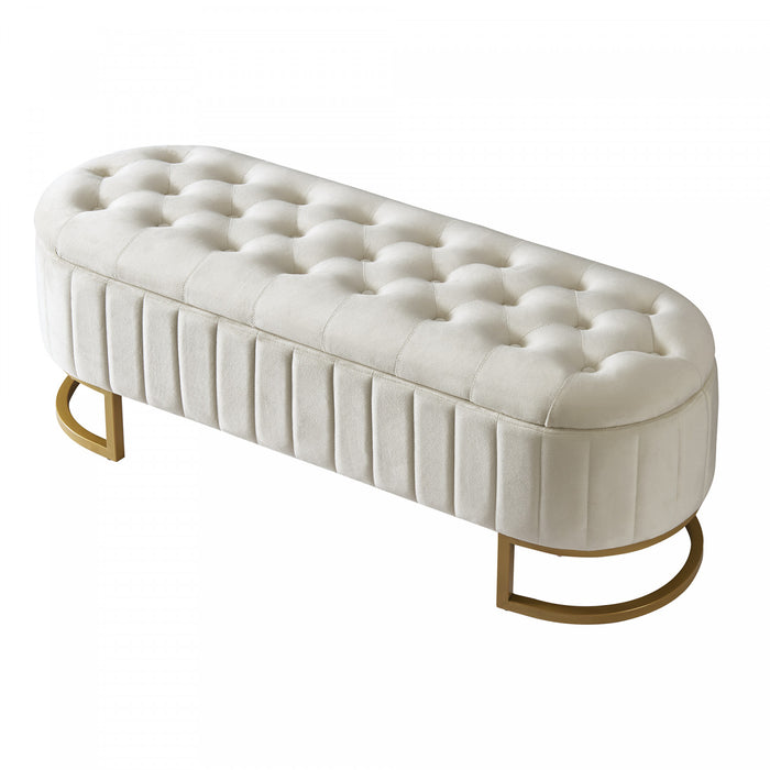 Banc de rangement elegant Amelia en velours capitonne avec pieds en metal, beige