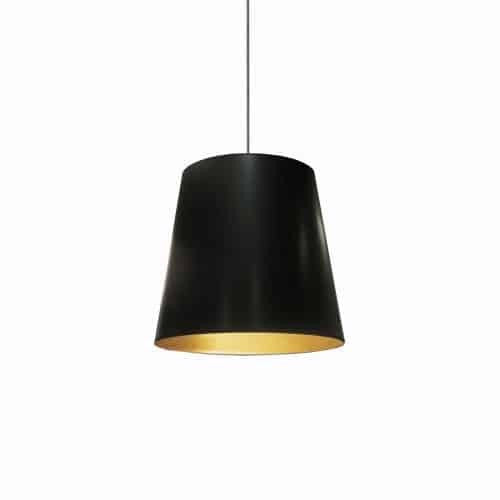 Luminaire suspendu moyen de Dainolite avec très grand abat-jour cylindrique noir et doré, et 1 ampoule