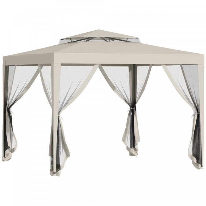 Outsunny Tente D'auvent 10' X 10', Tente Partielle Avec Filet En Maille Et Toit A Deux Niveaux Pour Jardin, Terrasse, Exterieur, Beige