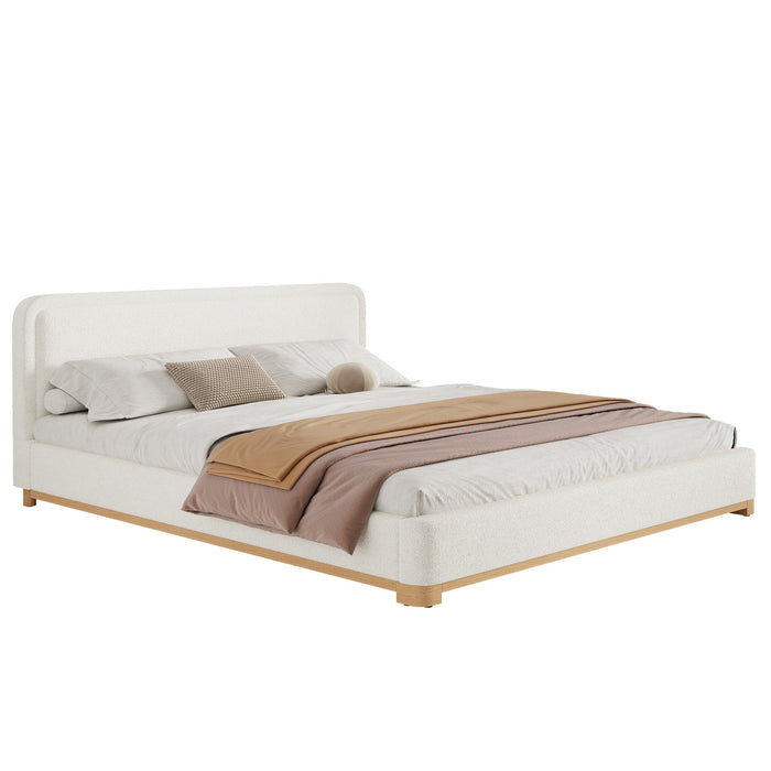 Lit plateforme Ethan a profil bas en boucle avec tete de lit courbee rembourree, taille king, blanc