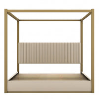  Lit plateforme Sophia a baldaquin avec tete de lit en mousse et velours, taille king, beige