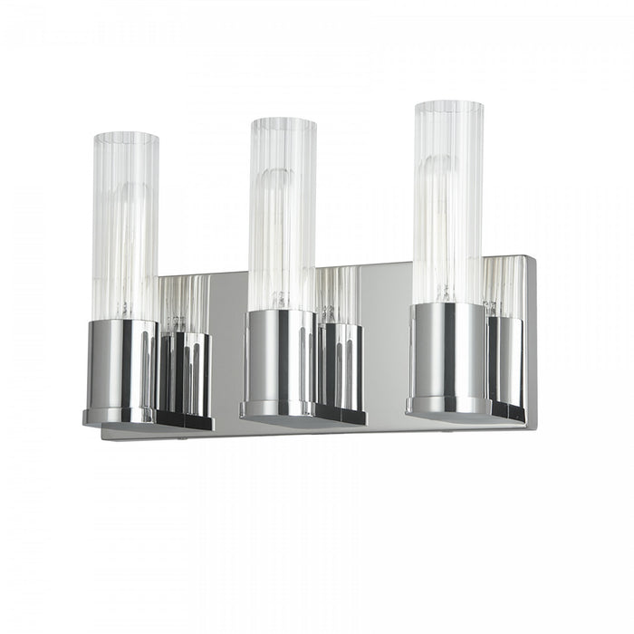 Lumière de coiffeuse Tube de Dainolite en verre cannelé transparent, avec fini chromé poli et 3 ampoules
