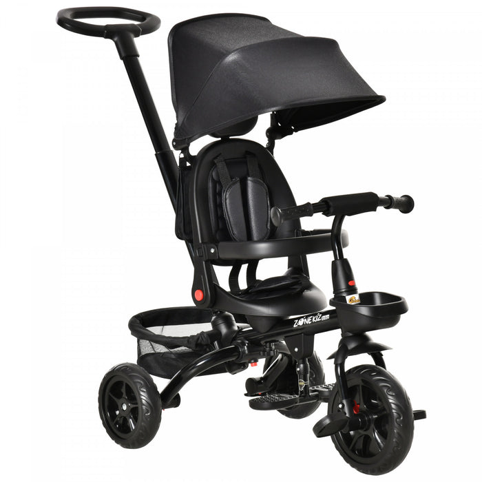 Qaba Tricycle Enfants Evolutif 4 En 1 Canne Telescopique Amovible Et Pare-soleil Pliable Demontable Angle Du Dossier Reglable Siege Pivotant Sac Et Paniers Integres Metal 44\" X 20.5\" X 38.5\" Noir