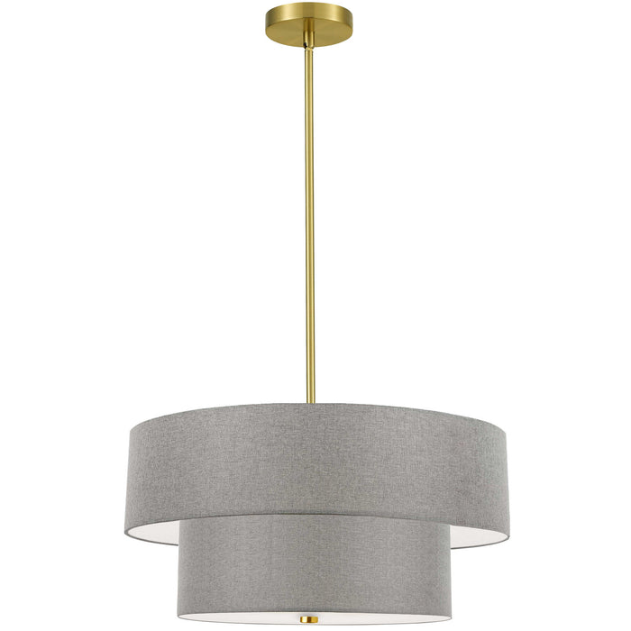 Luminaire suspendu Everly de Dainolite avec abat-jour gris, 2 niveaux, fini laiton vieilli et 4 ampoules