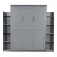  Lit Mural Escamotable Glenn En Bois Composite Avec Etageres Et Eclairage Led, Taille Queen - Gris