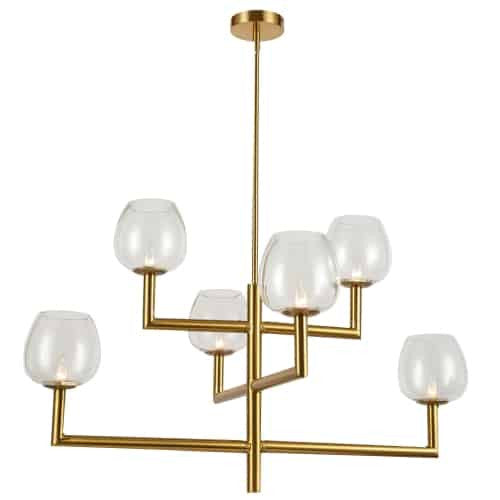 Lustre Nora de Dainolite en verre transparent, avec fini laiton vieilli et 6 ampoules