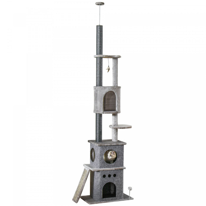 Pawhut 89\"-100\" Arbre A Chat Du Sol Au Plafond Tour D'escalade Pour Chat A 6 Niveaux Reglable En Hauteur Avec Griffoir, Rampe, Condo, Perchoir, Boule De Jouet, Grande Tour Pour Chat, Gris Clair
