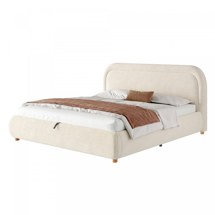 Lit plateforme Sophia avec rangement a levage hydraulique, revetement en boucle, taille queen, beige