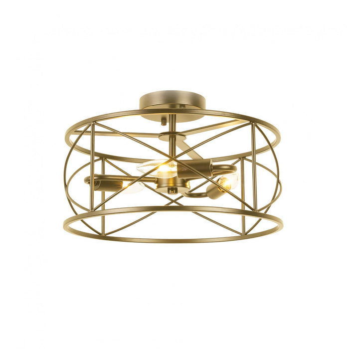 Plafonnier semi-affleuré Calah de Dainolite avec fini laiton vieilli et 3 ampoules incandescentes