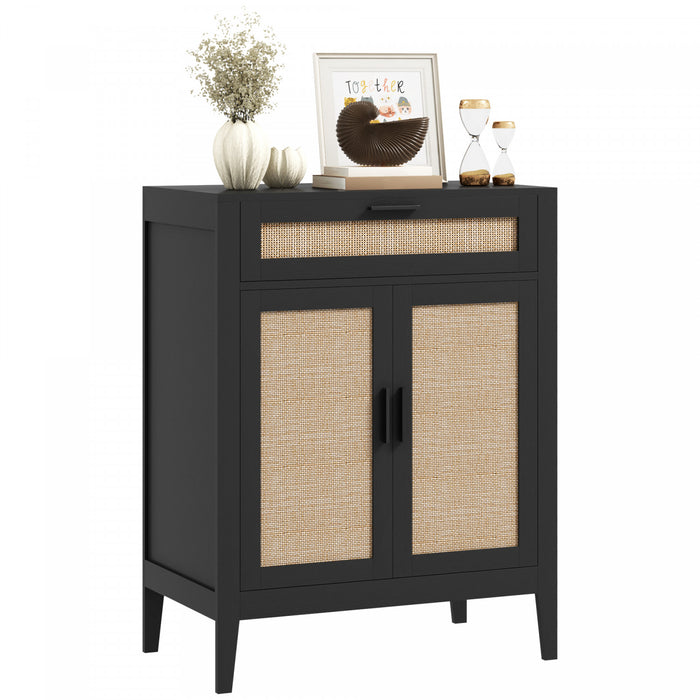 HOMCOM Armoire de Rangement Boho avec Tiroir et Portes en Rotin, Noir