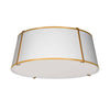 Plafonnier affleuré Trapezoid de Dainolite avec abat-jour cylindrique effilé doré et blanc qui diffuse la lumière, tissu blanc et 4 ampoules