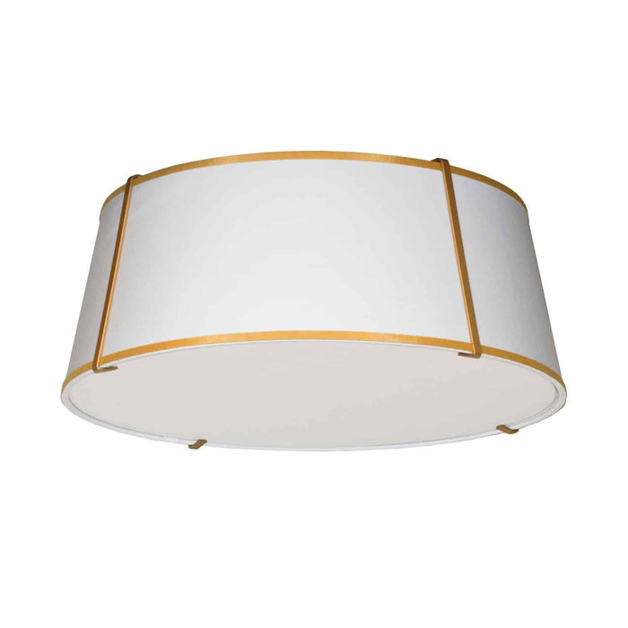 Plafonnier affleuré Trapezoid de Dainolite avec abat-jour cylindrique effilé doré et blanc qui diffuse la lumière, tissu blanc et 4 ampoules