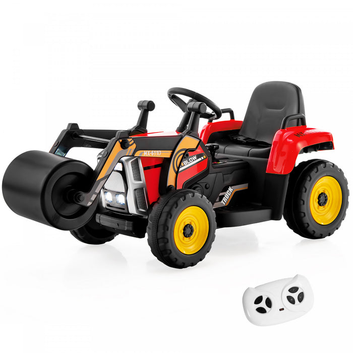 Costway Enfants Rouler Sur La Route Rouleau 12v Tracteur Electrique A Distance W / Musique & Led Lumiere Rouge