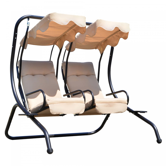 Outsunny Luxury Metal Swing Chair Hamac 2 Places Separees Robuste Avec Auvent Et Coussins, Beige