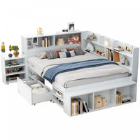 Banquette-lit multifonction Ethan avec rangement integre, tiroirs et bibliotheque, taille full, blanc