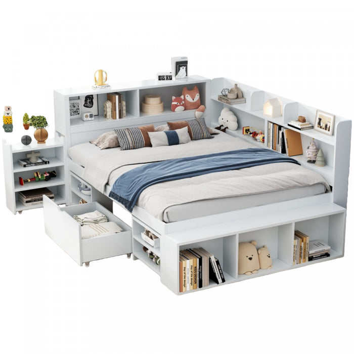 Banquette-lit multifonction Ethan avec rangement integre, tiroirs et bibliotheque, taille full, blanc