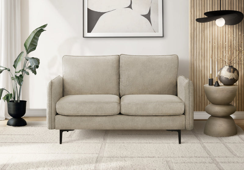 Causeuse Rembourre, 58\" L, Tissu Beige, Pieds En Metal Noir