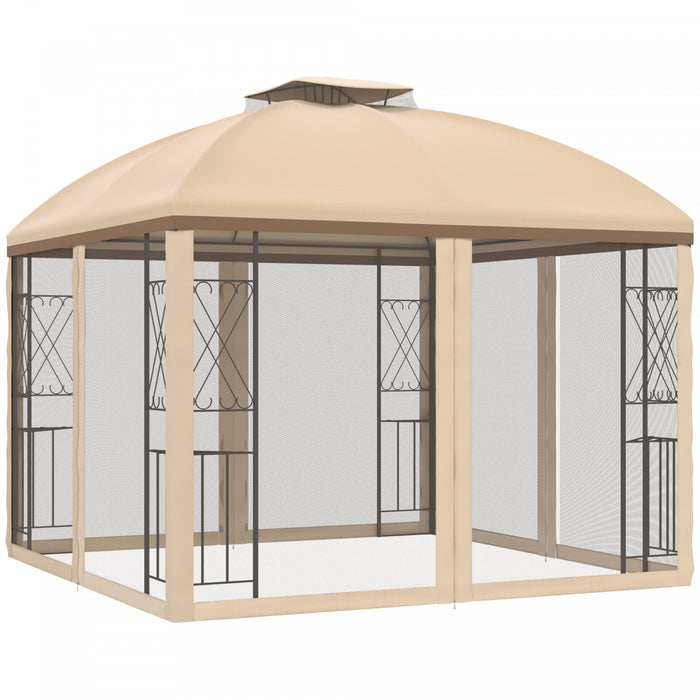 Outsunny 10' X 10' Tonnelle Pavillon Jardin Patio Terrasse Gazebo Exterieur Double Toit Avec Parois Laterales En Maille Amovibles, Etageres, Beige