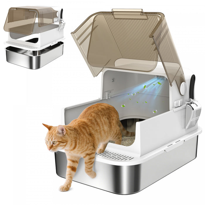 PawHut Bac a Litiere pour Chat Extra-Large en Acier Inoxydable, XXL avec Couvercle Rabat & Pelle, Facile a Nettoyer, Sans Odeurs, Etanche, pour Chats de Toutes Tailles, Blanc