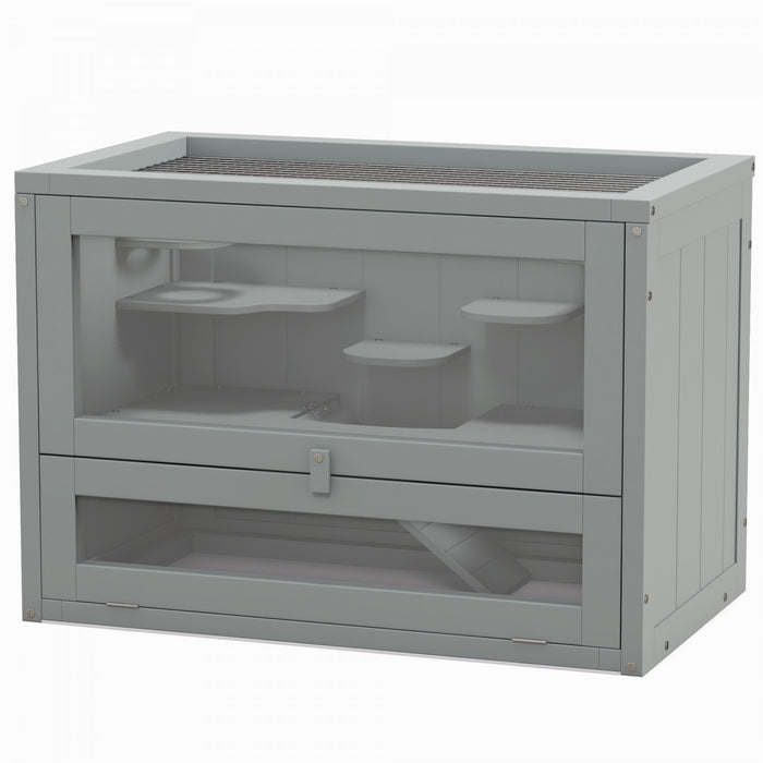 Pawhut Cage Pour Hamsters De 24\", Cage Pour Petits Animaux A 2 Niveaux Avec Toit Ouvrant, Espace D'enclos, Plates-formes, Niche Pour Hamsters Nains, Gerbilles, Chinchillas, Gris