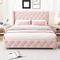  Lit plateforme en lin Haley avec tete de lit a ailes classiques et capitonnage en diamant, taille Full, rose