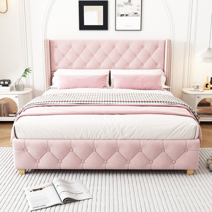 Lit plateforme en lin Haley avec tete de lit a ailes classiques et capitonnage en diamant, taille Full, rose