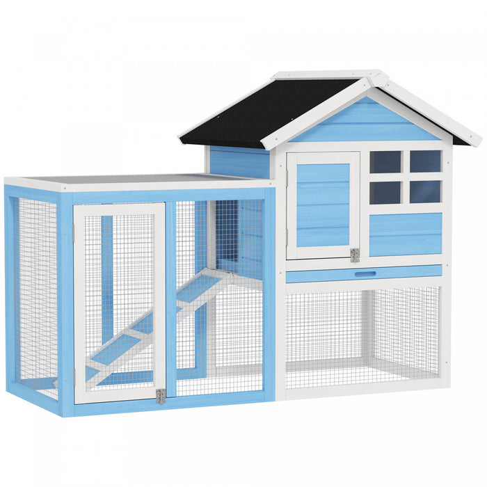 Pawhut Clapier A Lapin En Bois De 48\" Avec Toit En Asphalte Impermeable, Enclos Exterieur Amusant, Plateau Et Rampe Amovibles, Bleu Clair
