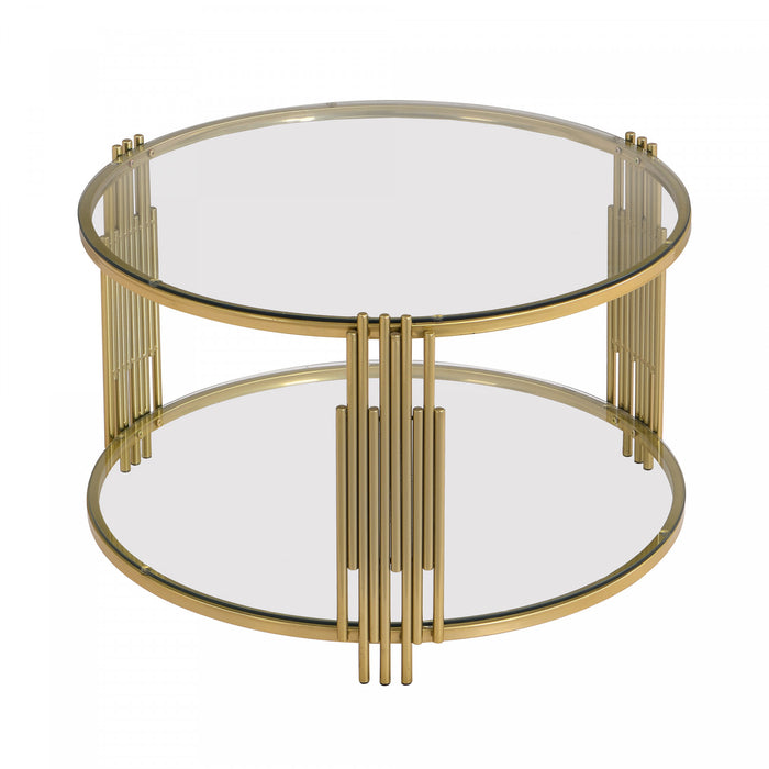 Table Basse Ronde Jonas De 31,5\" En Verre Trempe Avec Etagere Inferieure, Transparente