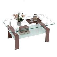  Table basse moderne rectangulaire en verre trempe transparent Liam, finition noyer