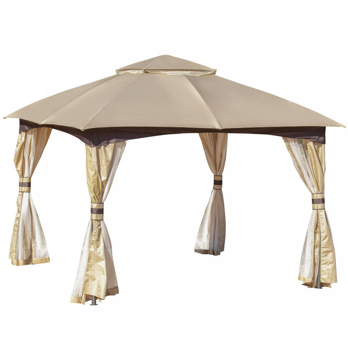 Outsunny 11' X 11' Abri De Tente De Fete En Acier Avec Toit Double, Parois Laterales En Filet, Rideaux D'angle, Beige