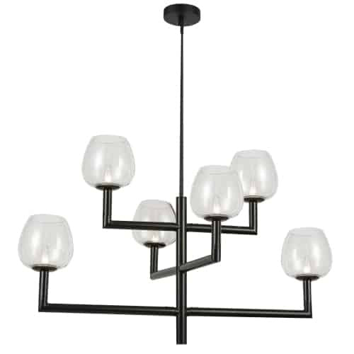 Lustre Nora de Dainolite en verre transparent, avec fini noir mat et 6 ampoules