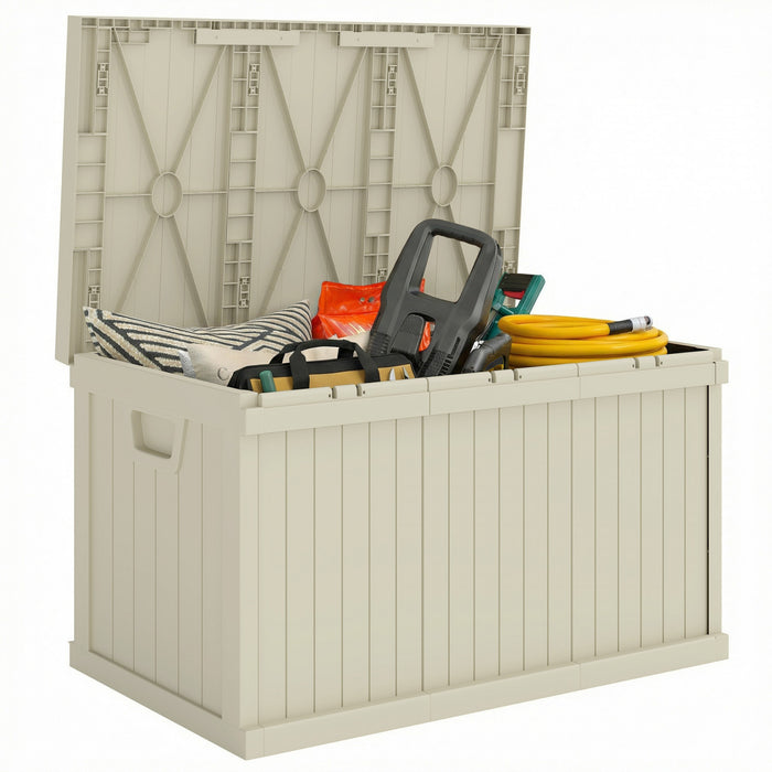 Outsunny Coffre de rangement exterieur 265L, coffre en resine avec poignees, beige sable