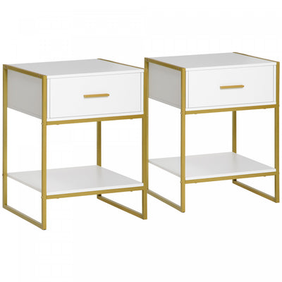 HOMCOM Modern Nightstand Set of 2 Side Table Shelf Drawer White Gold