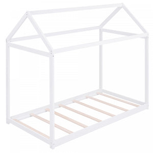 Lit De Maison En Bois Massif Au Design Facile A Nettoyer Avec Cadre De Toit, Taille Simple, Blanc