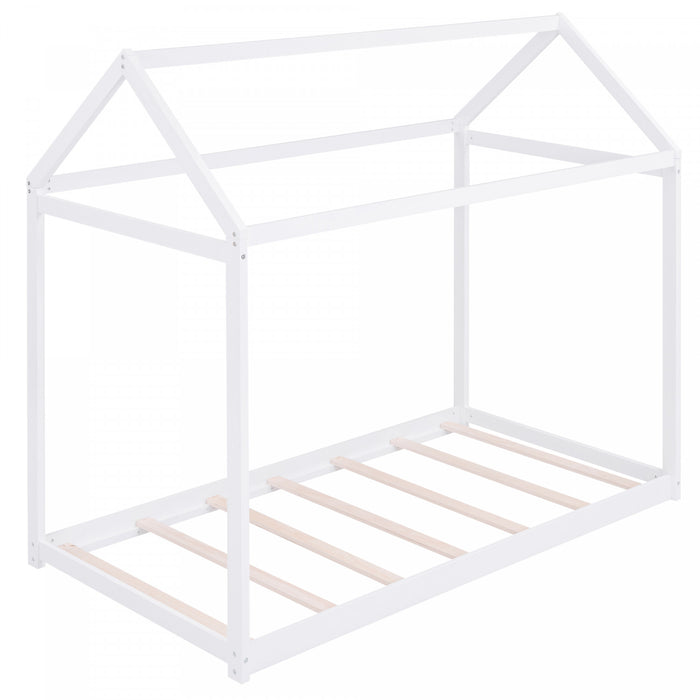 Lit De Maison En Bois Massif Au Design Facile A Nettoyer Avec Cadre De Toit, Taille Simple, Blanc