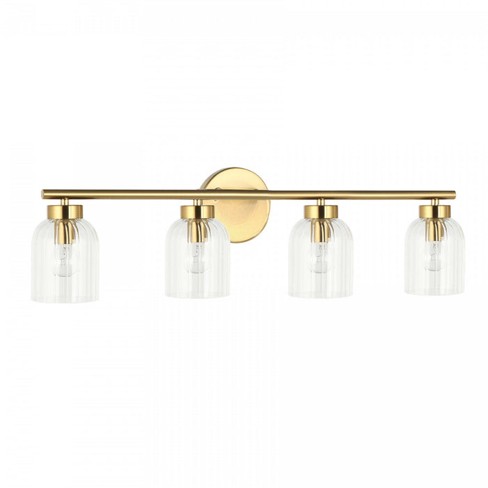 Lumière de coiffeuse Vienna de Dainolite en verre côtelé transparent, avec fini laiton vieilli et 4 ampoules incandescentes