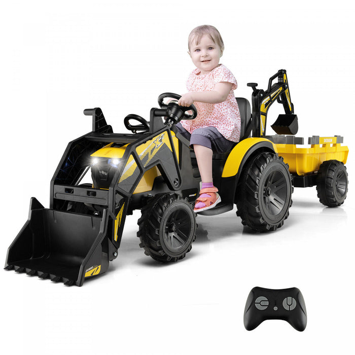 3-en-1 Enfants Montent Sur Bulldozer D'excavateur 12v Tracteur Electrique A Distance W / Remorque Jaune